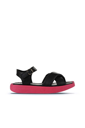 Bueno Shoes Siyah Fuşya Deri Kadın Dolgu Topuklu Sandalet 01wy1009