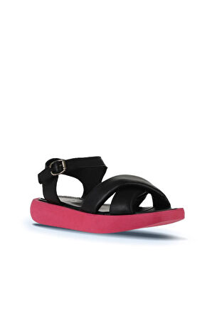 Bueno Shoes Siyah Fuşya Deri Kadın Dolgu Topuklu Sandalet 01wy1009