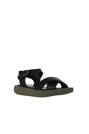 Bueno Shoes Siyah Yeşil Deri Kadın Dolgu Topuklu Sandalet 01wy1009