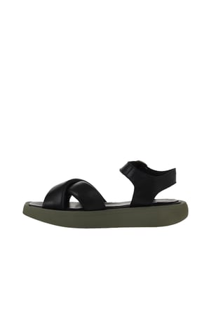 Bueno Shoes Siyah Yeşil Deri Kadın Dolgu Topuklu Sandalet 01wy1009