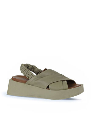 Bueno Shoes Haki Deri Kadın Dolgu Topuklu Sandalet 01wy5901