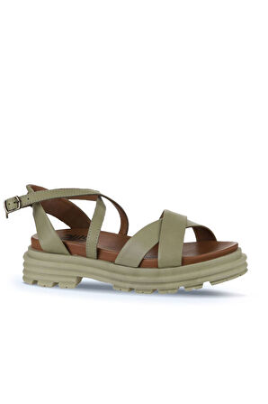 Bueno Shoes Haki Deri Kadın Dolgu Topuklu Sandalet 01wy8305