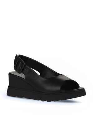 Bueno Shoes Siyah Deri Kadın Dolgu Topuklu Sandalet 01wy8600