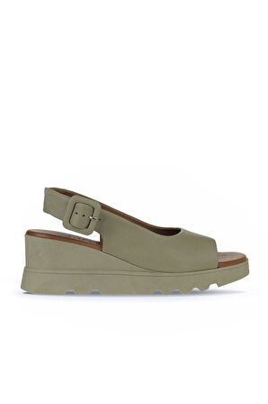 Bueno Shoes Haki Deri Kadın Dolgu Topuklu Sandalet 01wy8600