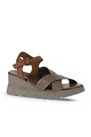 Bueno Shoes Gri Kahve Deri Kadın Dolgu Topuklu Sandalet 01wy8601