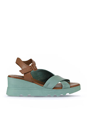 Bueno Shoes Yeşil Kahve Deri Kadın Dolgu Topuklu Sandalet 01wy8601