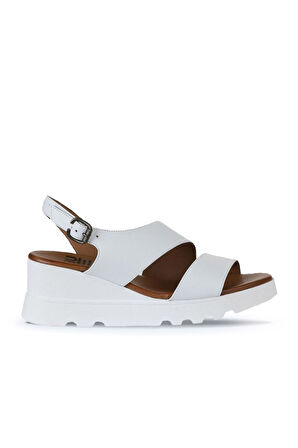 Bueno Shoes Beyaz Deri Kadın Dolgu Topuklu Sandalet 01wy8602