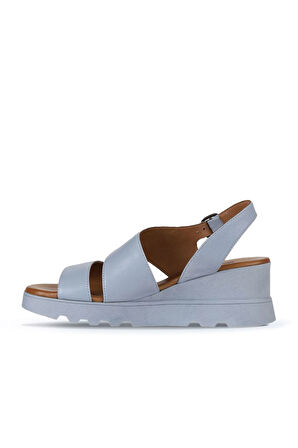 Bueno Shoes Mavi Deri Kadın Dolgu Topuklu Sandalet 01wy8602