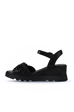 Bueno Shoes Siyah Deri Kadın Dolgu Topuklu Sandalet 01wy8609