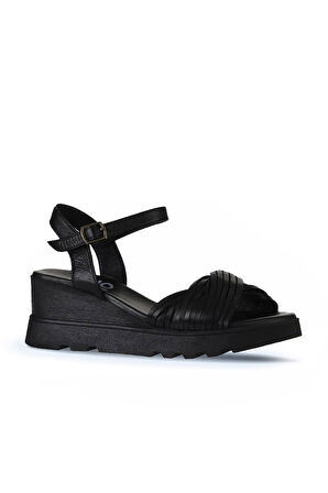Bueno Shoes Siyah Deri Kadın Dolgu Topuklu Sandalet 01wy8609