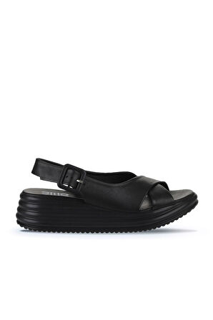 Bueno Shoes Siyah Deri Kadın Dolgu Topuklu Sandalet 01wy5701