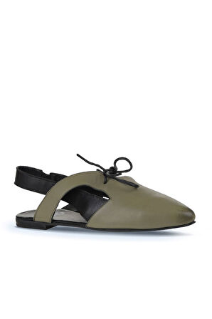 Bueno Shoes Haki Siyah Deri Kadın Düz Sandalet 01wy1803