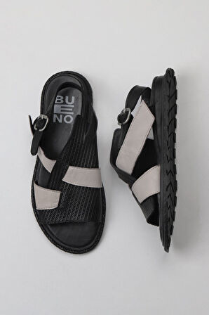 Bueno Shoes Siyah Gri Deri Kadın Düz Sandalet 01wy5401