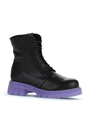 Bueno Shoes Siyah Lila Deri Kadın Topuklu Bot 01wz1405