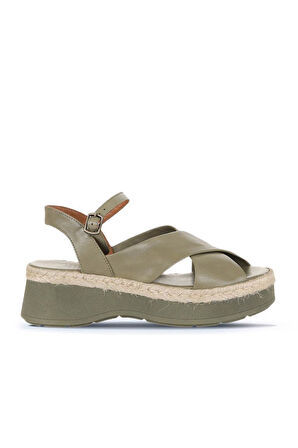 Bueno Shoes Haki Deri Kadın Dolgu Topuklu Sandalet 01wy8205