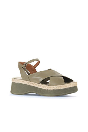 Bueno Shoes Haki Deri Kadın Dolgu Topuklu Sandalet 01wy8205