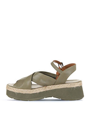 Bueno Shoes Haki Deri Kadın Dolgu Topuklu Sandalet 01wy8205