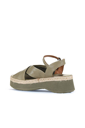 Bueno Shoes Haki Deri Kadın Dolgu Topuklu Sandalet 01wy8205
