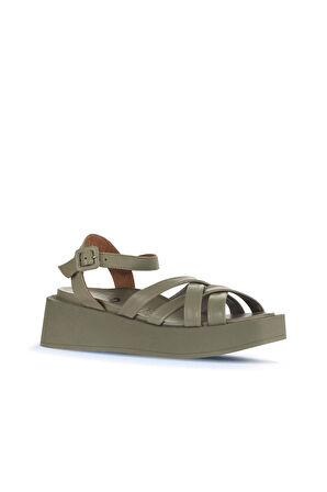 Bueno Shoes Haki Deri Kadın Dolgu Topuklu Sandalet 01wa4301