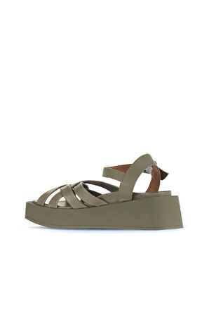 Bueno Shoes Haki Deri Kadın Dolgu Topuklu Sandalet 01wa4301