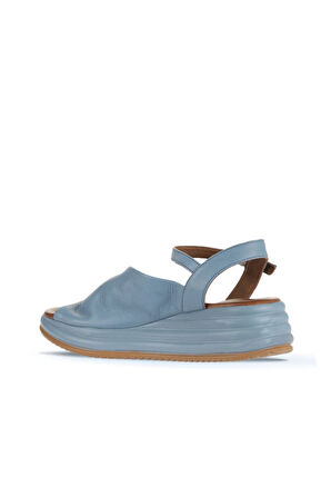 Bueno Shoes Mavi Deri Kadın Dolgu Topuklu Sandalet 01wa2402