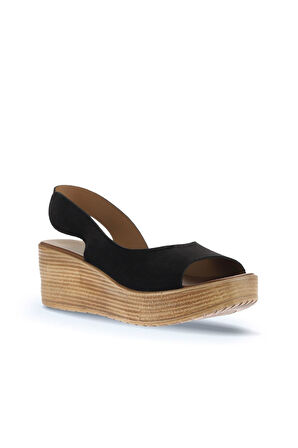 Bueno Shoes Siyah Alf Süet Kadın Dolgu Topuklu Sandalet 01wa4702