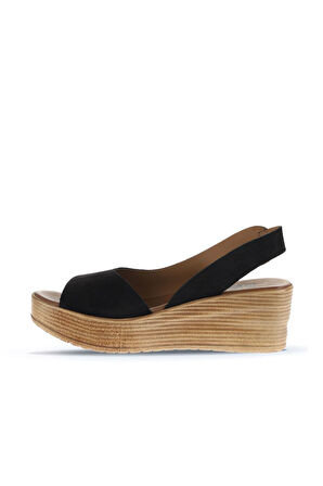 Bueno Shoes Siyah Alf Süet Kadın Dolgu Topuklu Sandalet 01wa4702