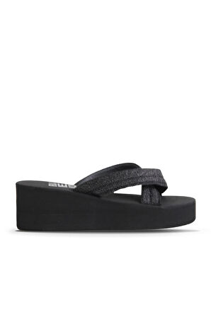 Bueno Shoes Siyah Kum Simli Kadın Dolgu Topuklu Terlik 26wt230064
