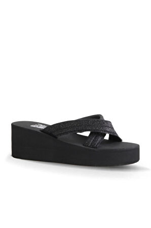 Bueno Shoes Siyah Kum Simli Kadın Dolgu Topuklu Terlik 26wt230064
