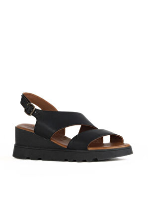 Bueno Shoes Siyah Khv Deri Kadın Dolgu Topuklu Sandalet 01wy8602