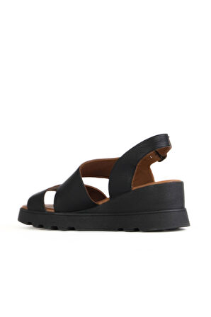 Bueno Shoes Siyah Khv Deri Kadın Dolgu Topuklu Sandalet 01wy8602