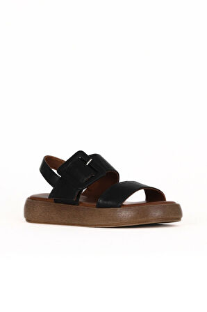 Bueno Shoes Siyah Deri Kadın Düz Sandalet 01we1901