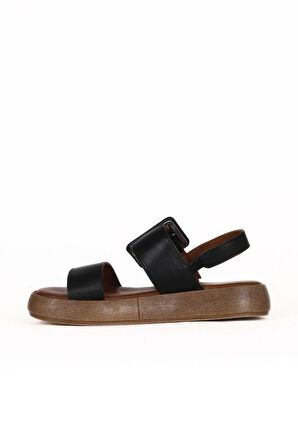 Bueno Shoes Siyah Deri Kadın Düz Sandalet 01we1901