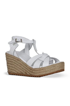 Bueno Shoes Beyaz Deri Kadın Dolgu Topuklu Sandalet 14ws72402