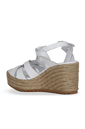 Bueno Shoes Beyaz Deri Kadın Dolgu Topuklu Sandalet 14ws72402