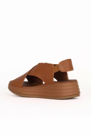 Taba Koyu Deri Kadın Dolgu Topuklu Sandalet