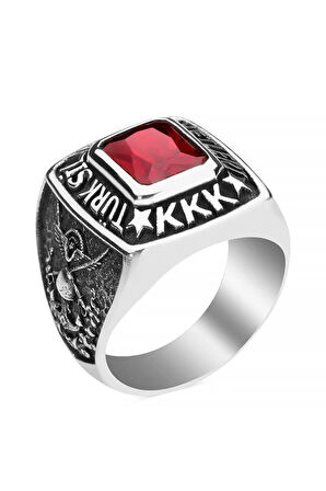 Erkek Kırmızı Kare Taşlı Kara Kuvvetleri Yüzüğü