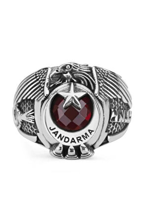 Tek Kartal Başlı Göktürkçe Türk Yazılı Jandarma Yüzüğü Kırmızı Taşlı