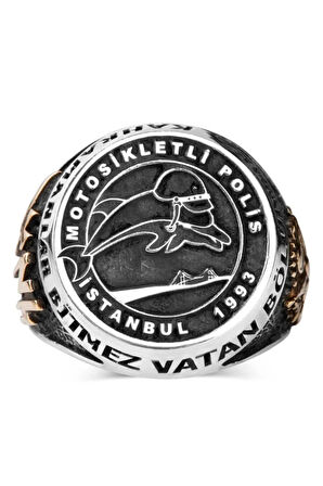 Erkek Yunus Motifli Motosikletli Polis Yüzüğü 925 Ayar Gümüş Osmanlı Armalı Türk Yazılı