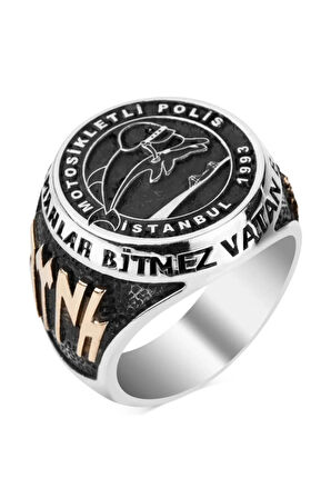 Erkek Yunus Motifli Motosikletli Polis Yüzüğü 925 Ayar Gümüş Osmanlı Armalı Türk Yazılı