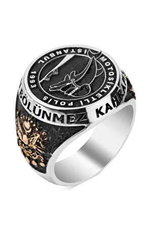 Erkek Yunus Motifli Motosikletli Polis Yüzüğü 925 Ayar Gümüş Osmanlı Armalı Türk Yazılı