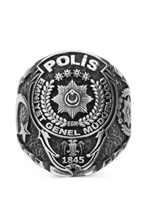 Erkek Sade Model Armalı Ay Yıldızlı Egm Yazılı 925 Ayar Gümüş Özel Tasarım Polis Yüzüğü