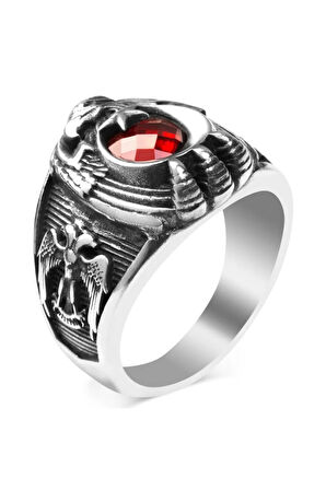 Selçuklu Kartalı Motifli Kırmızı Zirkon Taşlı Özel Tasarım 925 Ayar Gümüş Polis Yüzüğü