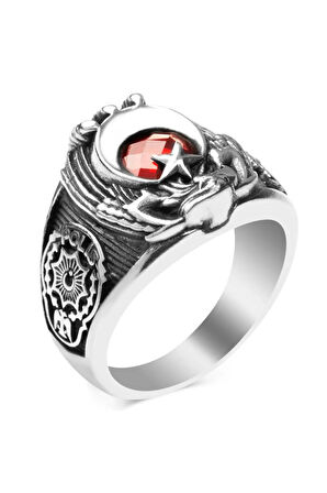 Selçuklu Kartalı Motifli Kırmızı Zirkon Taşlı Özel Tasarım 925 Ayar Gümüş Polis Yüzüğü