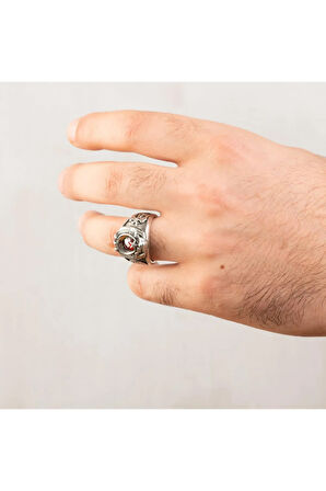 Selçuklu Kartalı Motifli Kırmızı Zirkon Taşlı Özel Tasarım 925 Ayar Gümüş Polis Yüzüğü