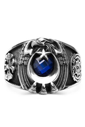 Selçuklu Kartalı Motifli Mavi Zirkon Taşlı Özel Tasarım 925 Ayar Gümüş Polis Yüzüğü