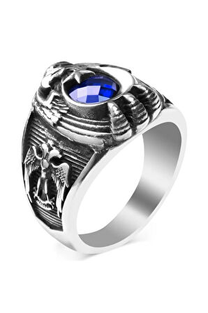 Selçuklu Kartalı Motifli Mavi Zirkon Taşlı Özel Tasarım 925 Ayar Gümüş Polis Yüzüğü