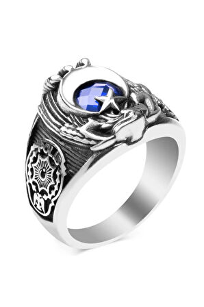 Selçuklu Kartalı Motifli Mavi Zirkon Taşlı Özel Tasarım 925 Ayar Gümüş Polis Yüzüğü