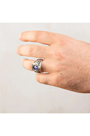 Selçuklu Kartalı Motifli Mavi Zirkon Taşlı Özel Tasarım 925 Ayar Gümüş Polis Yüzüğü