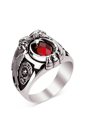 Atatürk Imzalı Armalı Pençe Detaylı Kırmızı Taşlı Özel Model 925 Ayar Gümüş Polis Yüzüğü